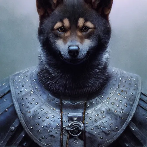 Image similar to wearing witcher 3 black armor, anthropomorphic shiba inu, shiba inu face, stuning 3 d render, masterpiece, glowing aura, by donato giancola and greg rutkowski and wayne barlow and zdzisław beksinski, realistic face