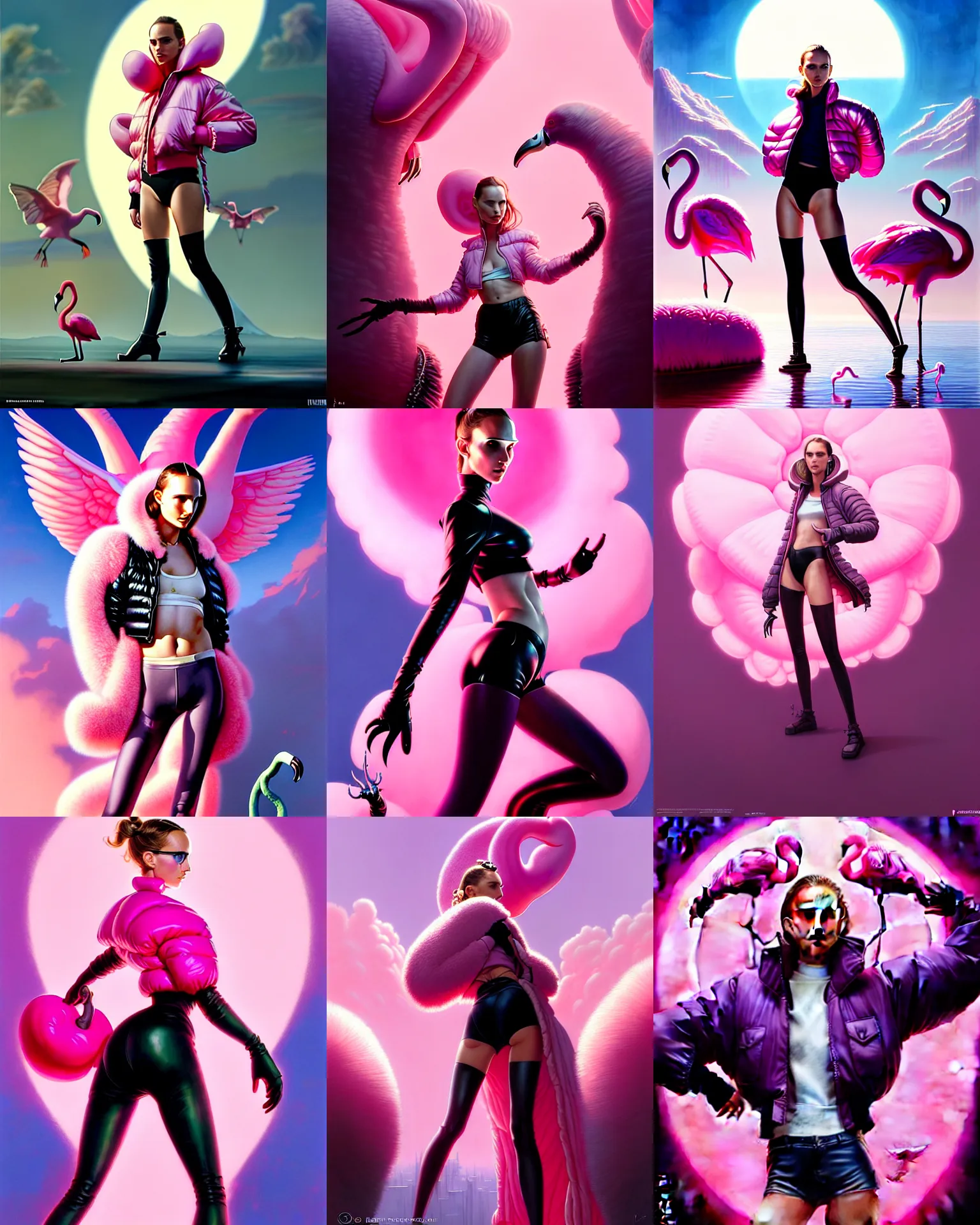 Prompt: beautiful fantasy character portrait, natalie portman, wearing oversized puffy pink bomber jacket and black shorts, ultra realistic, wide angle, dramatic lighting, flamingoes, very seductive pose, cyberpunk artifacts, highly detailed by peter mohrbacher, hajime sorayama, wayne barlowe, boris vallejo, aaron horkey, gaston bussiere, craig mullins