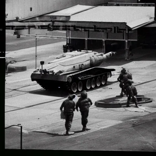 Image similar to Military tank refueling at public gas station, CCTV footage photograph