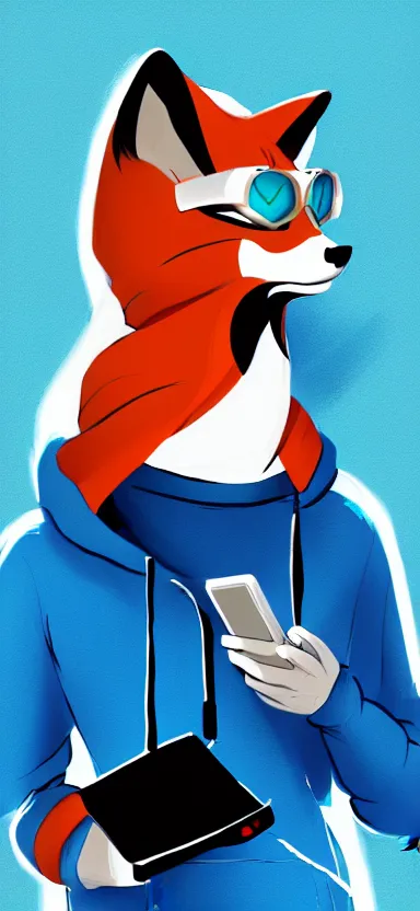 Image similar to a concept art of anthropomorphic fox in a blue hoodie hacking a portable computer, artstation, digital art, oc commission, style by studio trigger