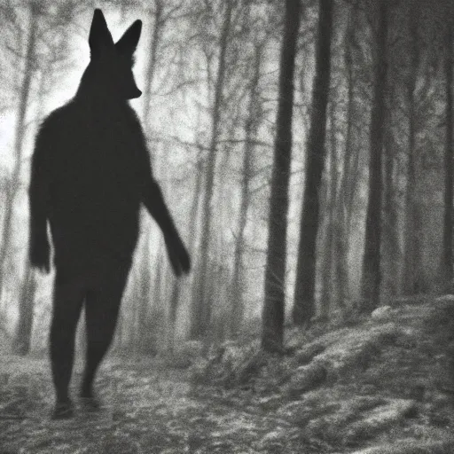 Prompt: bad quality blurry nightfootage nightcam black and white trailcam footage of native weird distorted human body Skinwalker transforming into a coyote, low resolution, compressed