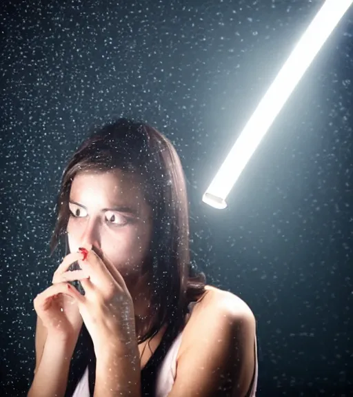 Prompt: complete dark raining room a girl smoking cigarette and blows smoke, cigarette light is only light source