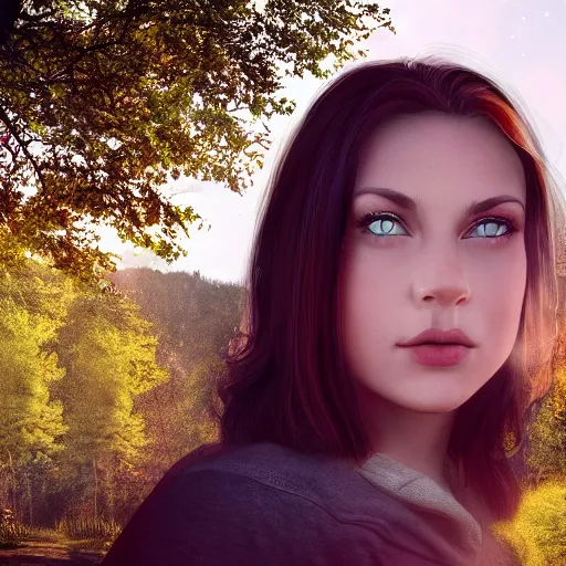 Image similar to an hd photo of a young woman with short brown hair and green eyes, beautiful trees in the background, night sky with stars and galaxies, trending on artstation