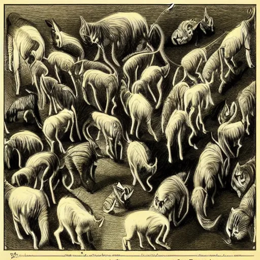 Image similar to “ bernie wrightson ” feline anatomical drawing veterinary herd of cats meadow 1 0 2 4 x 1 0 2 4