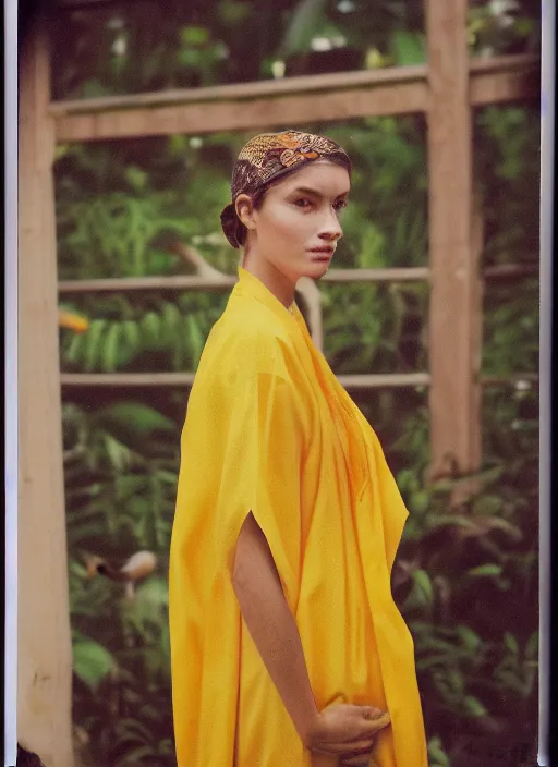 Image similar to grainy head to shoulder portrait Polaroid film photograph of an elegant top model wearing a yellow kimono with a very detailed barn owl on her shoulder!!! in a tropical greenhouse. looking at the camera!!. super resolution. Extremely detailed. Polaroid 600 film. art by Rineke Dijkstra.