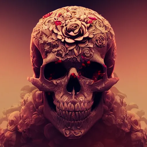 Image similar to skulls and roses, intricate artwork by Tooth Wu and wlop and beeple. octane render, trending on artstation, greg rutkowski very coherent symmetrical artwork. cinematic, hyper realism, high detail, octane render, 8k, red and black tones