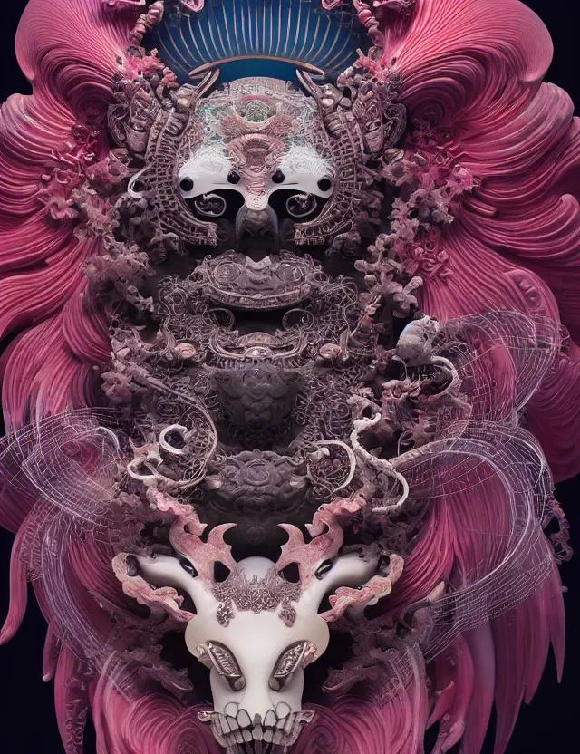 Image similar to 3 d goddess close - up frontal portrait with ram skull. beautiful intricately detailed japanese crow kitsune mask and clasical japanese kimono. betta fish, jellyfish phoenix, bio luminescent, plasma, ice, water, wind, creature, artwork by tooth wu and wlop and beeple and greg rutkowski