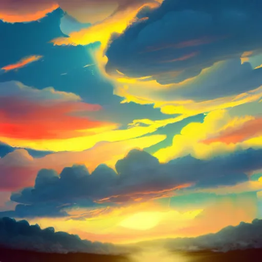 Prompt: peaceful puffy cloud with sunset in the background, matte painting, trending on artstation, artstationHQ, unreal engine, 4k, 8k, anime style