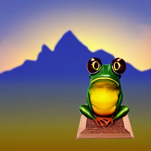 Prompt: king frog on a throne in beautiful mountains watching a sunset, photorealistic award winning