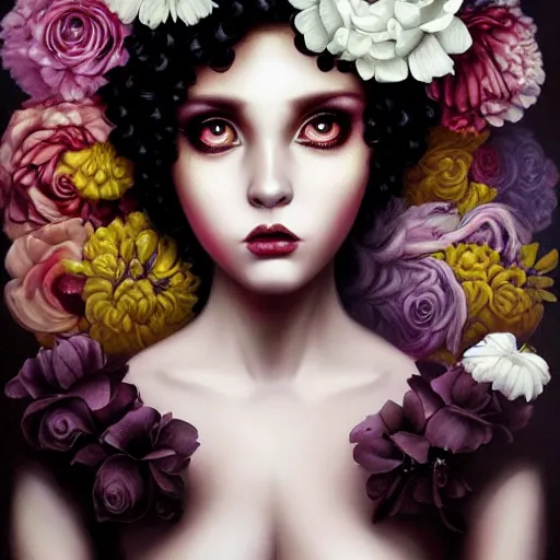 Image similar to pop surrealism, lowbrow art, realistic seductive cute black woman painting, curly hair, white shirt, holding flowers, hyper realism, muted colours, rococo, natalie shau, loreta lux, tom bagshaw, mark ryden, trevor brown style