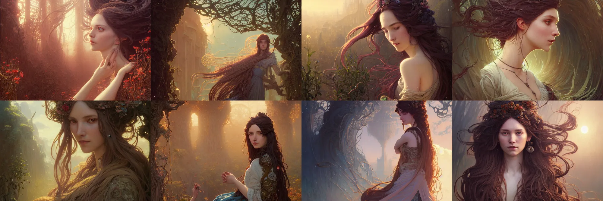 Image similar to highly detailed portrait of a woman with long hairs, stephen bliss, unreal engine, fantasy art by greg rutkowski, art nouveau, loish, rhads, ferdinand knab, makoto shinkai and lois van baarle, ilya kuvshinov, rossdraws, tom bagshaw, alphonse mucha, global illumination, radiant light, detailed and intricate environment