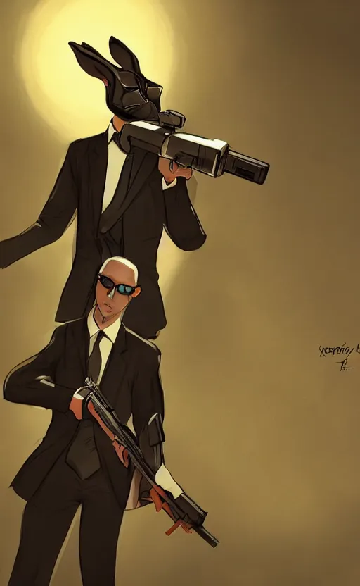 Image similar to rabbit as a hitman, suit and tie, with silenced gun, dynamic lighting, fantasy concept art, trending on art station, stunning visuals, creative, cinematic, ultra detailed, comic strip style