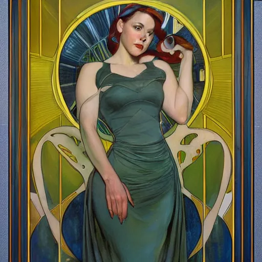 Image similar to a streamline moderne painting in the style of donato giancola, and in the style of charlie bowater, and in the style of alphonse mucha. symmetry, smooth, sharp focus, semi - realism, intricate detail.