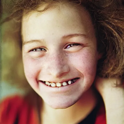 Image similar to a candid extreme closeup portrait of an expressive face of a delighted young woman by annie leibovitz