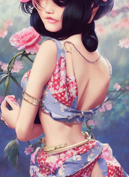 Image similar to a pin up and beautiful fashion dreamlke japan girl with lv jewelry, character art, art by artgerm, wlop, loish, hyperdetailed, 8 k realistic, symmetrical, global illumination, radiant light, frostbite 3 engine, cryengine, dof, trending on artstation, digital art, chanel, dior, detailed background