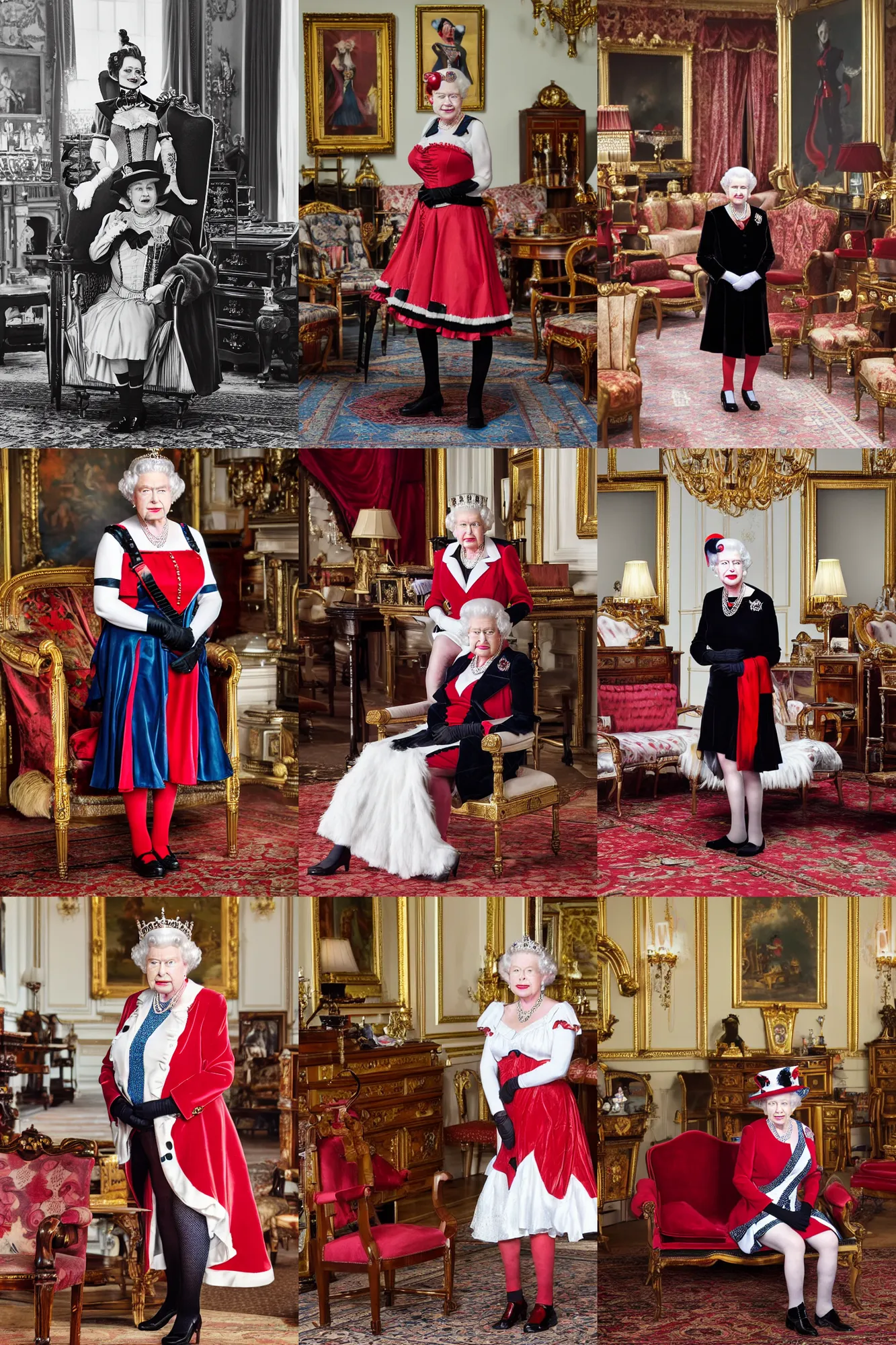Prompt: Queen Elizabeth dressed as Harley Quinn, surrounded by Victorian furniture at Buckingham Palace, professional portrait photo, 100 mm lens