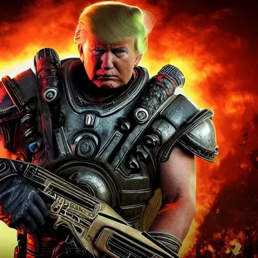 Image similar to Photo portrait of Donald Trump as Spartan in Gears of War, splash art, movie still, detailed face, photorealistic facial features, cinematic lighting, dramatic, octane render, long lens, shallow depth of field, bokeh, anamorphic lens flare, 8k, hyper detailed, 35mm film grain