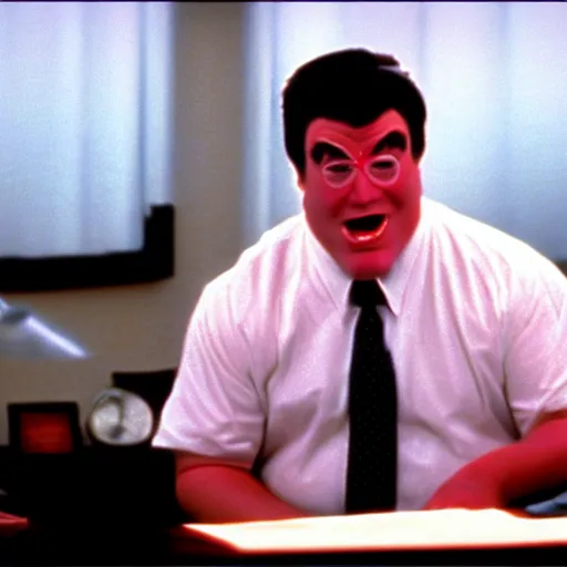 Image similar to clean - shaven chubby white man wearing a shirt and necktie sitting at a desk making a goofy face, 1 9 8 9 movie still, cinematography, cinematic lighting