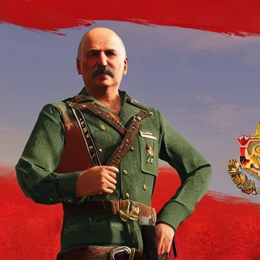 Prompt: Alexander Lukashenko with the belarussian flag in the background in Red Dead Redemption 2