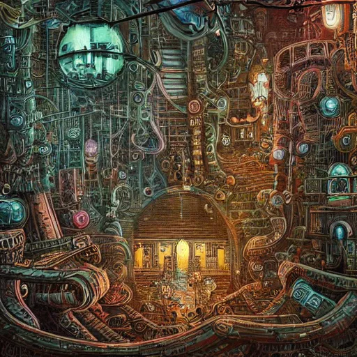 Image similar to a hyper realistic painting of a cyberpunk labyrinth, by joe fenton, highly detailed, vivid color,