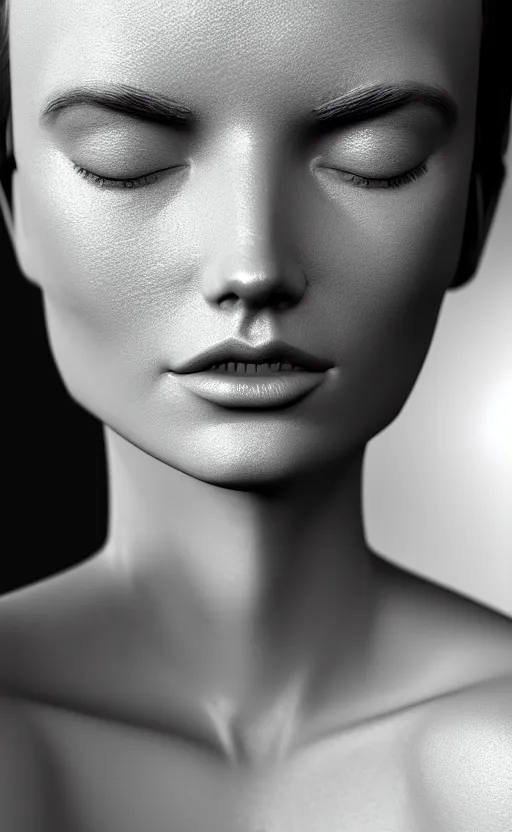 Image similar to complex 3d render of a beautiful face, beautiful natural soft light, rim light, elegant, highly detailed, octane render, black and white, Kandinsky style