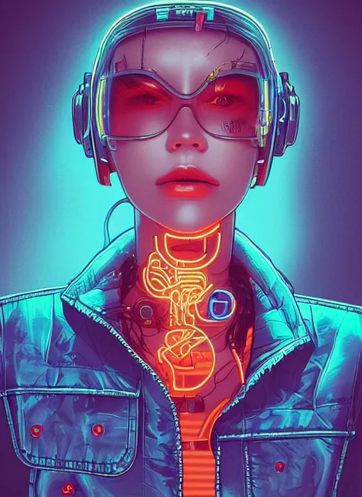 Image similar to portrait of a cyborg humanoid girl with mechanical and electronic element, denim jacket surrounded by neon light, illustrated by Artgerm and Michael Whelan and Laurie Greasley, highly detailed, trending on artstation