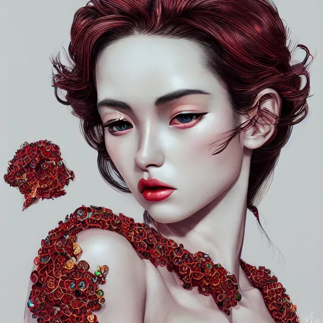 Image similar to an absurdly beautiful, elegant, young hypercolorful sensual gravure idol partially made up of rubies and red gems, ultrafine hyperrealistic detailed face illustration by kim jung gi, irakli nadar, intricate linework, sharp focus, bright colors, matte, octopath traveler, final fantasy, unreal engine highly rendered, global illumination, radiant light, intricate environment