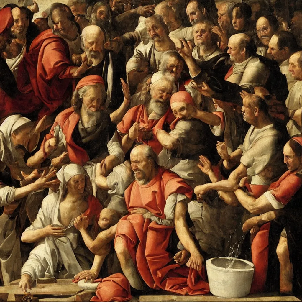 Image similar to renaissance painting of the pope doing the ice bucket challenge