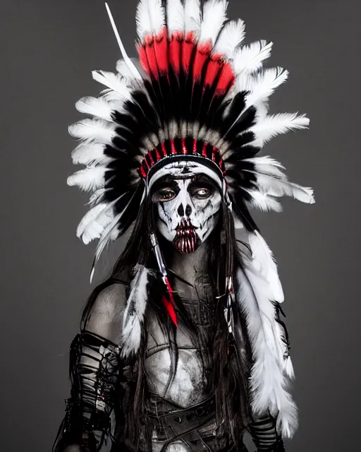 Image similar to the ghost - spirit of the grim - warpaint wears the scarlet skull armor and native blood headdress feathers, midnight fog - mist!, cinematic lighting, various refining methods, micro macro autofocus, ultra definition, award winning photo