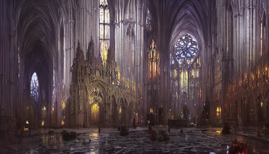 Prompt: atmospheric painting of a fractal gothic cathedral, by Marc Simonetti, oil on canvas, highly detailed, soft lighting