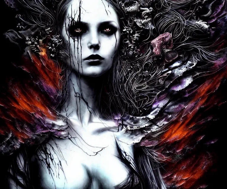 Prompt: stunning otherworldly gothic goddess of freewill, dark and mysterious, atmospheric, ominous, eerie, cinematic, epic, 8 k, ultra detail, ultra realistic, rendered by awesomeness. | nights falling wind is blowwing snow is pilling concept art in style of carne griffiths artwork by xsullo. | backround by elson, peter kemp, peter