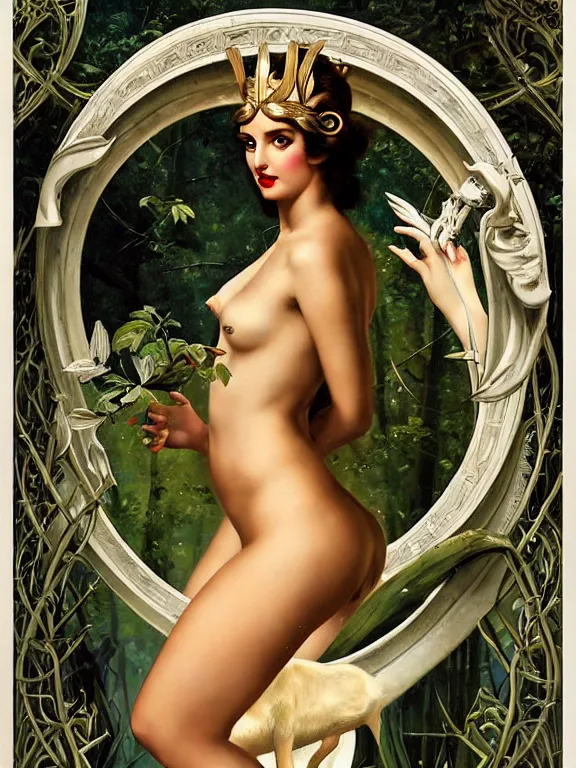 Image similar to Ana de armas as Artemis the Greek goddess of the hunt, a beautiful art nouveau portrait by Gil elvgren, Moonlit forest environment, centered composition, defined features, golden ratio, silver jewelry