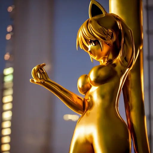 Prompt: a giant golden statue of an anime girl with cat ears, photography, dslr 5 5 mm