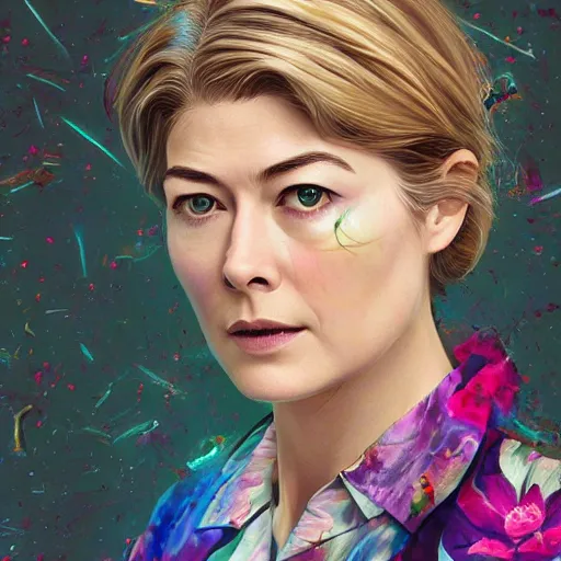 Image similar to rosamund pike as the doctor, dark - hair, wearing a colourful floral pattern suit, colourful, sharp focus, detailed face, artstation, art by borja pindado,