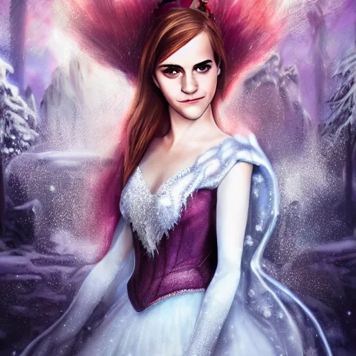 Prompt: Portrait shot of Emma Watson as the Queen of Ice, Ice crystal armor, snow falling, concept art, 4k, digital art, trending on art station, hd, doll, colorful backdrop