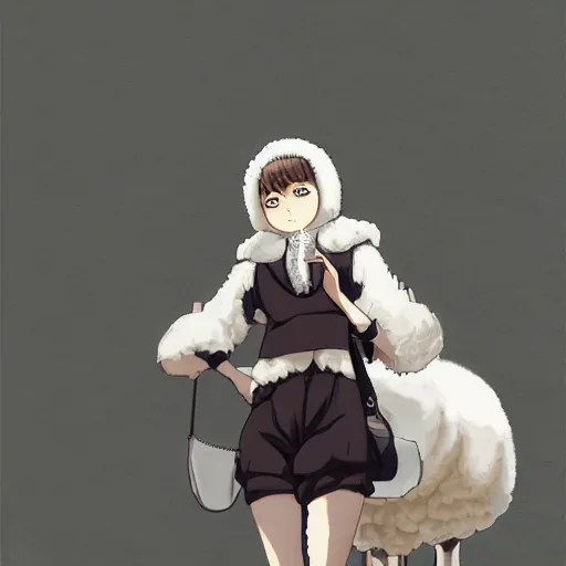 Prompt: girl in sheep suit, artwork made by makoto shinkai, inspired in hirohiko araki, clean details, light color palette, anatomically proportional, hd