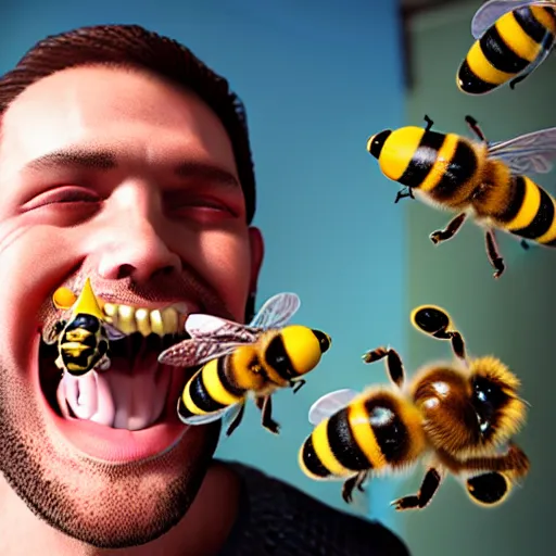 Prompt: photograph of smiling man with bees inside his mouth, 8k resolution, high detail, ULTRA REALISTIC VFX, reflections