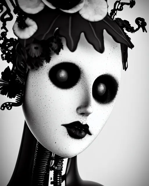 Image similar to black and white dreamy foggy poetic smoky profile face portrait, one silver steampunk realistic eye biomechanical beautiful angelic young female cyclope - cyborg - robot bust, body ribs meshes,, volumetric light, hibiscus flowers, by dora maar, rim light, big gothic fashion pearl embroidered collar, 8 k