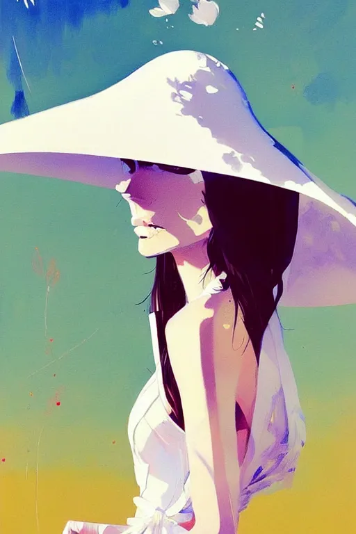 Image similar to a ultradetailed beautiful painting of a stylish woman wearing a white dress with a sun hat, by conrad roset, greg rutkowski and makoto shinkai trending on artstation