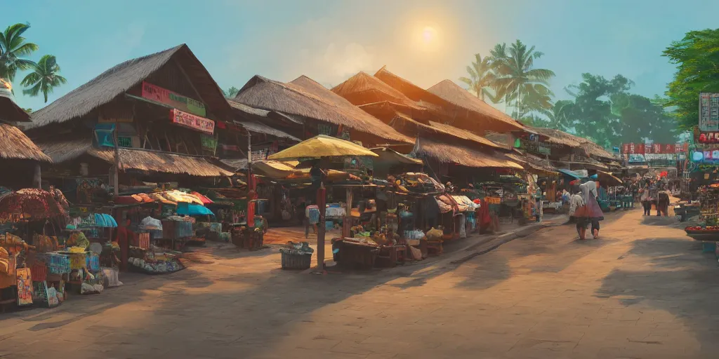 Image similar to shops at pulau indah fishing village by the sea, early morning, detailed matte painting, low angle view, telephoto lens, bokeh, studio ghibli, artstation