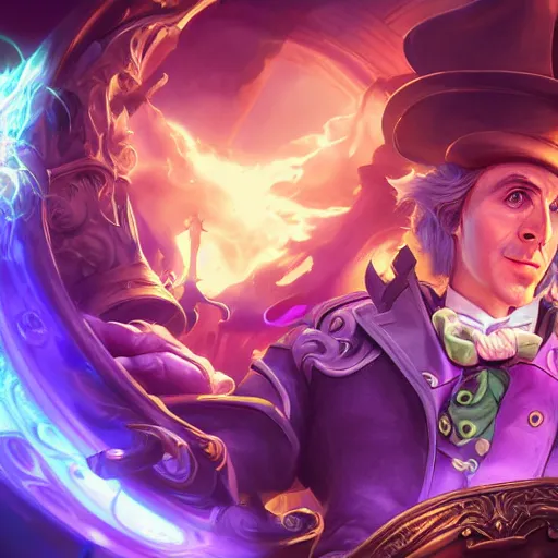 Image similar to portrait of willy wonka as a spellcaster, league of legends amazing splashscreen artwork, splash art, natural light, elegant, photorealistic facial features, intricate, fantasy, detailed face, atmospheric lighting, anamorphic lens flare, cinematic lighting, league of legends splash art, hd wallpaper, ultra high details by greg rutkowski