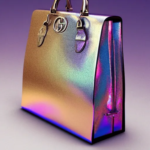 Prompt: a metal designer bag, iridescent color, fashion shooting, photorealistic, gucci, artstation, studio photo