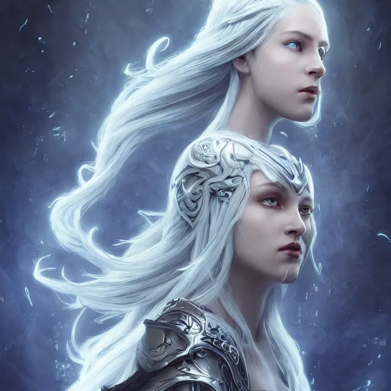 Prompt: beautiful cinematic fantasy poster, sci-fi, a beautiful female ghost with brilliant silver flowing hair and a brilliant jeweled silver helm, beautiful white glowing eyes, wideshot ultrawide angle epic scale, hybrid from The Elden Ring and art direction by Darius Zawadzki ;by artgerm; wayne reynolds art station; cinematic quality character render; low angle; ultra high quality model; production quality cinema model;