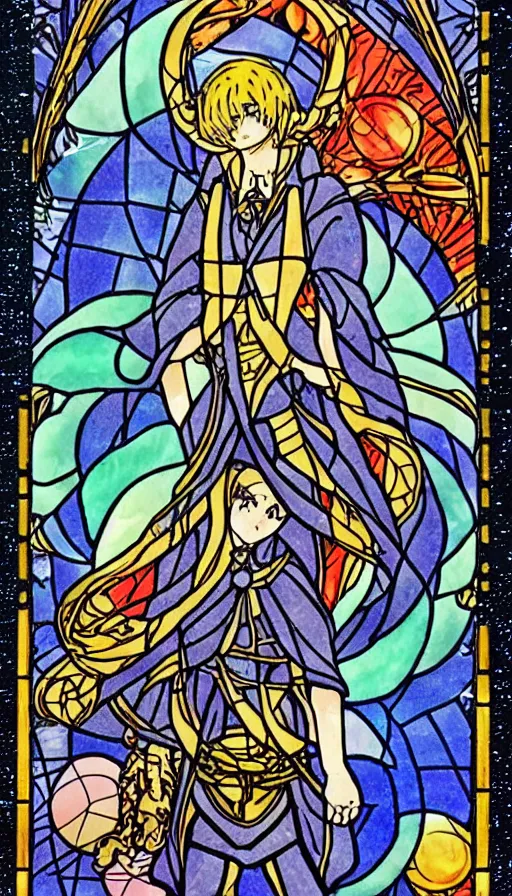 Prompt: anime tarot card based on the card Judgement,, beautiful lines, cosmic, psychedelic, detailed, clean, stained glass