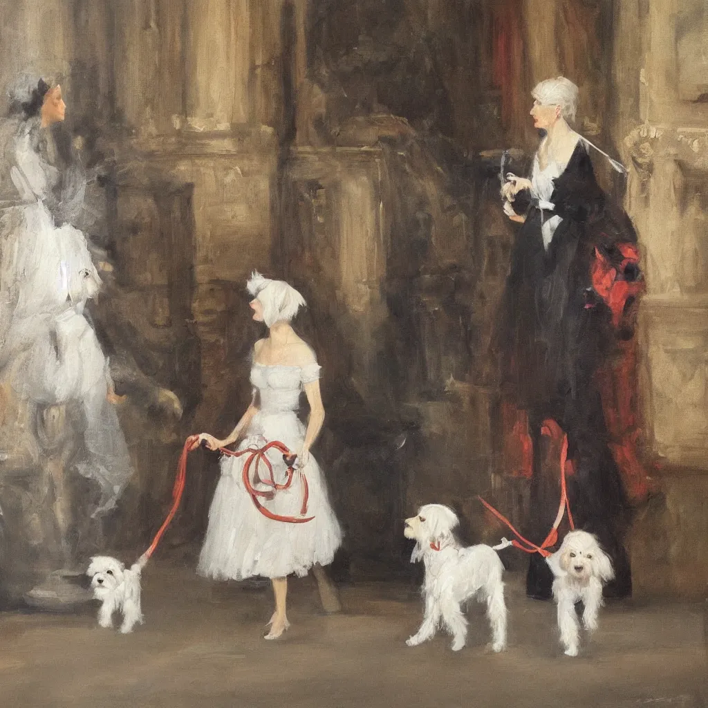 Image similar to A beautiful woman with freckles walking a Maltese Terrier in Buckingham Palace, oil paint on canvas, art,