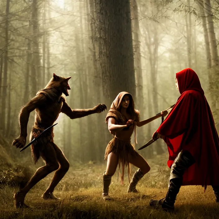 Image similar to photograph of a real-life beautiful reed riding hood warrior confronting a werewolf. 8k