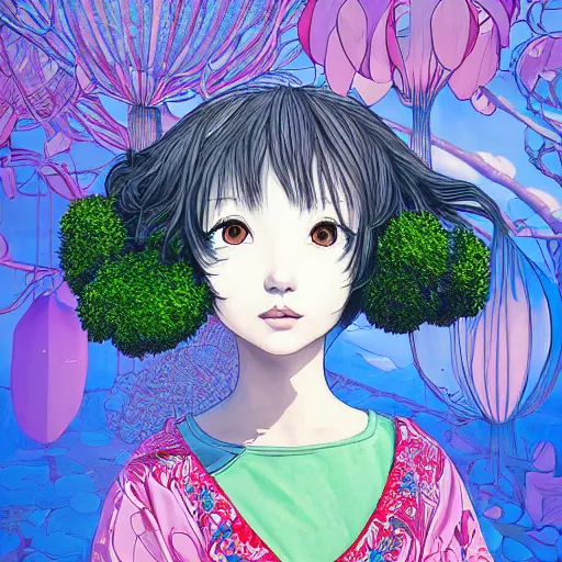 Prompt: the portrait of an unbelievably beautiful, elegant and cute japanese teen girl partially made of broccoli looking up, an ultrafine detailed illustration by james jean, intricate linework, bright colors, final fantasy, behance contest winner, vanitas, angular, altermodern, unreal engine 5 highly rendered, global illumination, radiant light, detailed and intricate environment