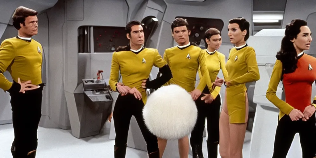 Image similar to a scene from Trouble with Tribbles, an episode of the original Star Trek series, with Gal Gadot, in Starfleet uniform, in the role of Captain Kirk