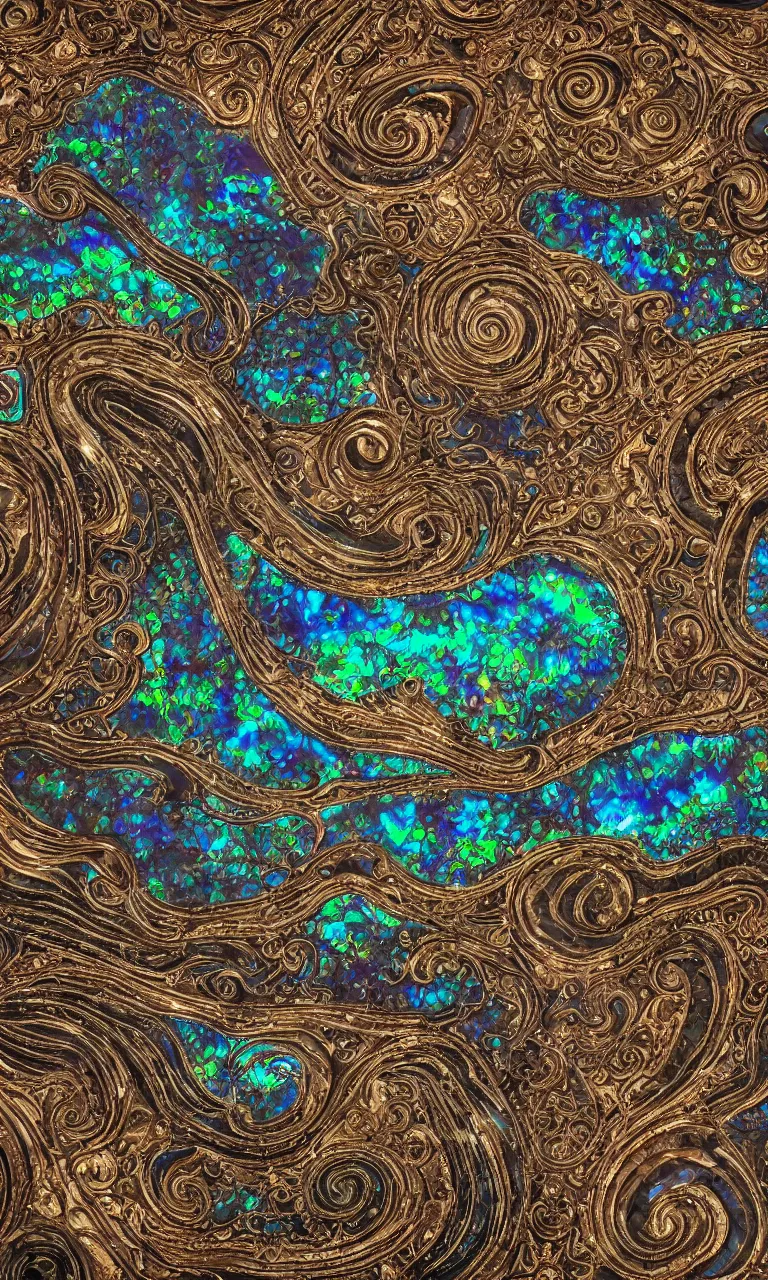 Image similar to Art Nouveau cresting oil slick waves, hyperdetailed bubbles in a shiny iridescent oil slick wave, black opal, abalone, paua shell, ornate copper patina medieval ornament, rococo, oganic rippling spirals, octane render, 8k 3D