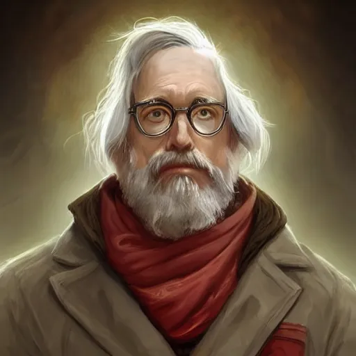 Prompt: a wise human male professor with grey hair with a streak of red, spectacles, white lab coat, dnd character art portrait, matte fantasy painting, deviantart artstation, by jason felix by steve argyle by tyler jacobson by peter mohrbacher by paul hedley, cinema